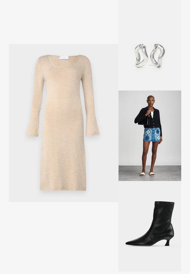 Vestido de punto beige con mangas largas acampanadas, escote redondo y una textura suave; llega justo por encima de la rodilla con bordes acabados.; Bota negra de cuero hasta media pantorrilla con puntera puntiaguda y tacón bajo tipo kitten, vista de lado sobre un fondo claro y liso.; Cárdigan negro de punto, blusa blanca, falda de mezclilla con patrón de diamantes en azul y negro, bolso negro y sandalias deslizantes beige.; Pendientes de aro plateados con un diseño retorcido. Bordes redondeados y acabado brillante. Cierres abiertos para un fácil uso. Textura suave en toda la superficie.