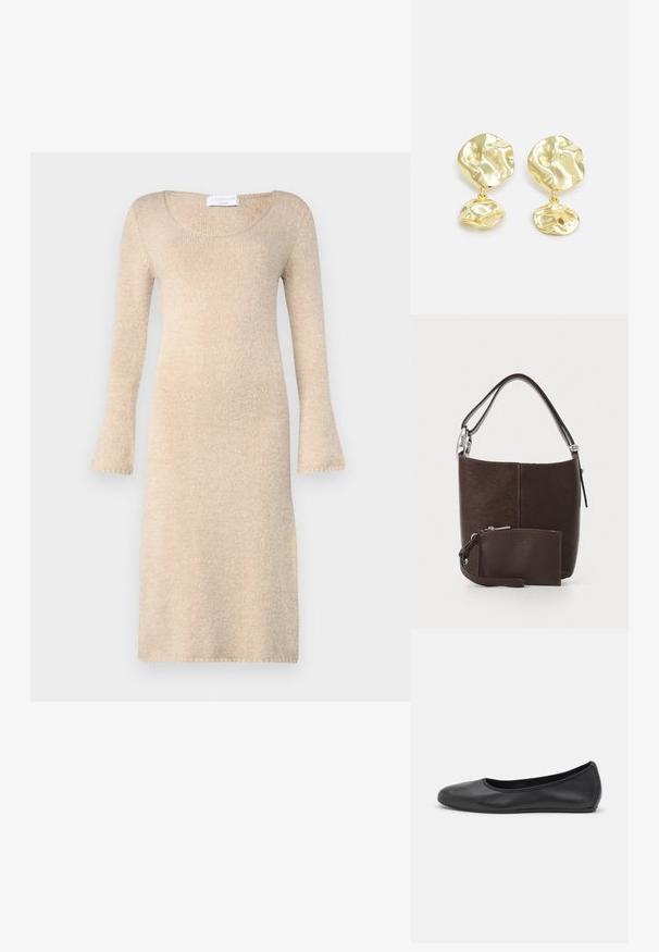 Beige gebreide jurk met lange uitlopende mouwen, ronde halslijn en een zachte textuur; valt net boven de knie met afgewerkte randen.; Zwarte leren ballerina met een ronde neus, gladde textuur, minimale stikdetails en een flexibele zoolontwerp.; Bruine leren emmer tas met een gestructureerde afwerking, met een kortere schouderband en een bijpassende ritstas met een polsband.; Gouden druppel oorbellen met een abstracte, textuurontwerp met twee ongelijkvormige elementen, één grotere boven en een kleinere daaronder.