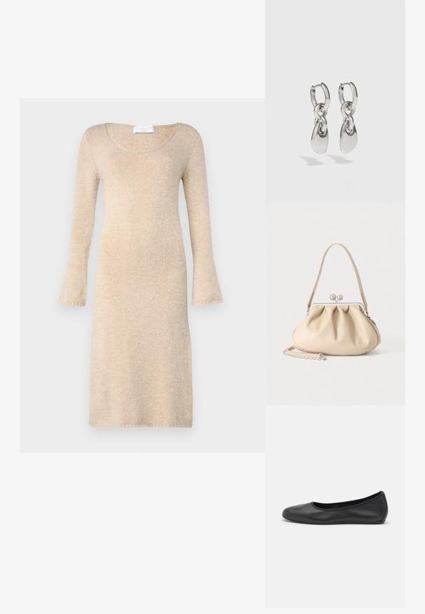 Vestido de punto beige con mangas largas acampanadas, escote redondo y una textura suave; llega justo por encima de la rodilla con bordes acabados.; Bailarina de piel negra con punta redondeada, textura suave, detalle de costura minimalista y diseño de suela flexible.; Bolso de mano de cuero suave beige con cierre de marco metálico plateado, una correa para el hombro y una correa de cadena opcional sobre un fondo blanco.; Pendientes de aro de plata con enlaces ovalados alargados, con un acabado pulido y un colgante con textura. Diseño sencillo con bordes suaves.