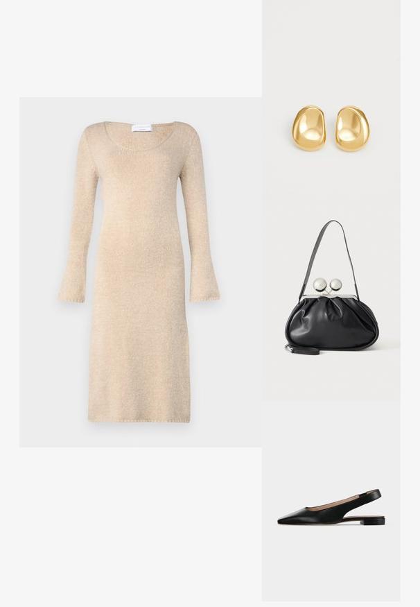 Vestido de punto beige con mangas largas acampanadas, escote redondo y una textura suave; llega justo por encima de la rodilla con bordes acabados.; Zapato plano de cuero negro con tira trasera, puntera puntiaguda y tacón cuadrado bajo sobre fondo blanco.; Bolso de mano de cuero negro con diseño fruncido, una sola correa, marco metálico plateado y dos cierres grandes redondos de plata.; Pendientes de studs en color dorado con una forma suave y redondeada y una superficie reflectante, que exhiben un diseño minimalista y sin patrones visibles.