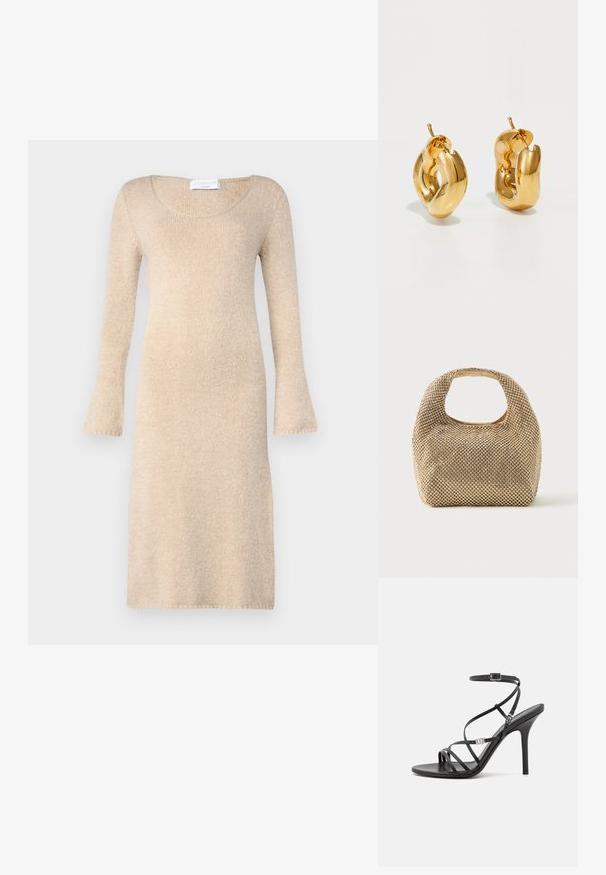 Robe en tricot beige avec de longues manches évasées, un col rond et une texture douce ; tombe juste au-dessus du genou avec des bords finis.; Sandale noire à talons hauts avec des brides fines, une boucle à la cheville, une surface en cuir lisse et un talon aiguille élancé.; Petit sac à main doré recouvert de clous ronds brillants avec une poignée courte et une découpe rectangulaire en haut.; Boucles d'oreilles créoles en or massif avec un design tubulaire légèrement tordu et des fermoirs à tige sur un fond blanc.