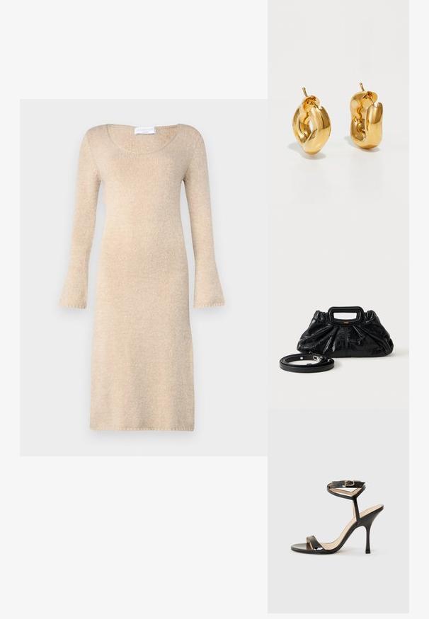 Vestido de punto beige con mangas largas acampanadas, escote redondo y una textura suave; llega justo por encima de la rodilla con bordes acabados.; Sandalia de tacón alto de charol negro con tira delgada en el tobillo y hebilla, punta abierta y tacón aguja esbelto sobre fondo blanco.; Bolso pequeño de cuero negro con textura fruncida, asa rectangular y correa de hombro delgada y desmontable colocada al lado.; Pendientes de aro grueso en oro con un diseño tubular ligeramente retorcido y cierre de presión, sobre un fondo blanco.