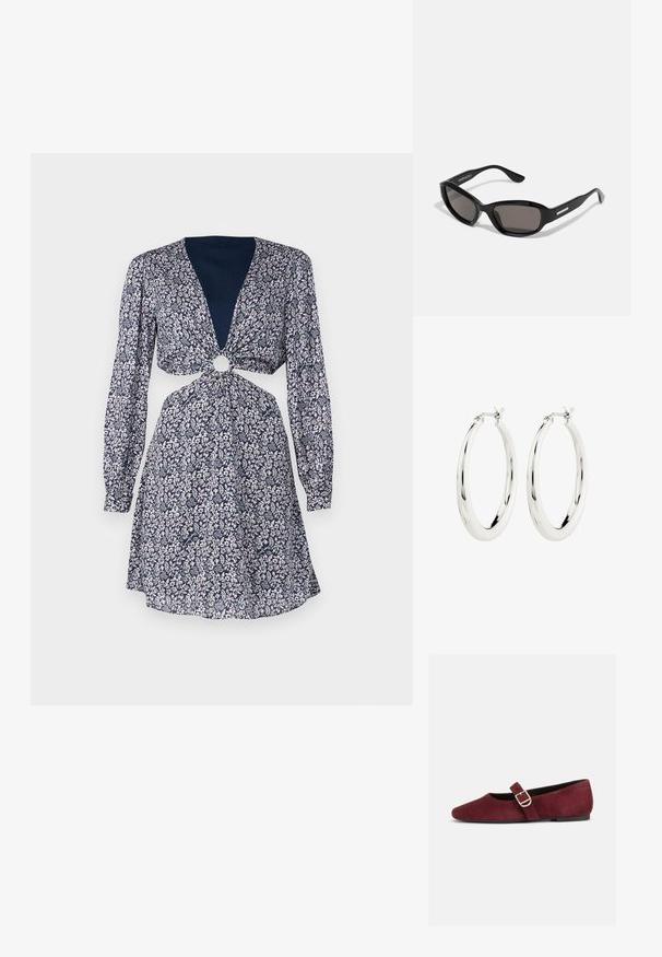Vestido floral con mangas largas, escote en V profundo, detalle de nudo en la cintura con un acento circular. Fondo azul marino con flores rosas y blancas.; Zapato Mary Jane plano de ante burdeos con correa de hebilla dorada y suela negra, mostrado de lado sobre un fondo blanco.; Gafas de sol negras con montura rectangular, lentes oscuros, material de plástico suave y un acento metálico en la patilla.; Pendientes de aro de plata con un acabado suave y brillante. Forma circular, con un cierre seguro. Diseño sencillo y elegante.
