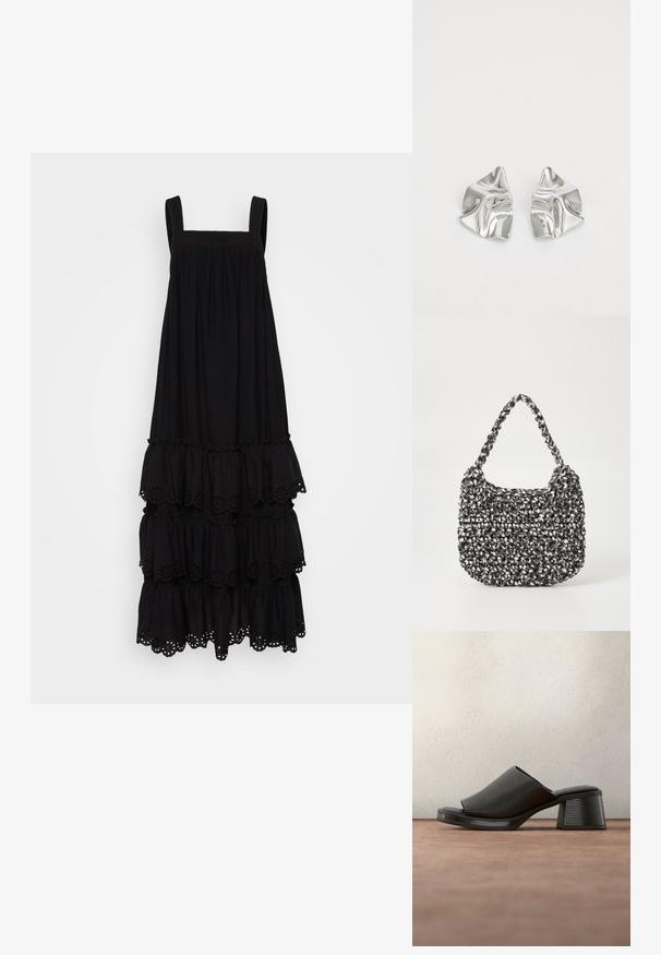 Schwarzes, ärmelloses Kleid mit rechteckigem Ausschnitt, gestuften Rüschen und Lochstickerei am Saum. Weicher Stoff.; Schwarzer offener Mule-Sandal mit Blockabsatz und strukturiertem Lederobermaterial, schwebend über einer grauen Oberfläche vor unscharfem, dunklem Hintergrund.; Gewebte Handtasche in Schwarz und Weiß mit runder Form, strukturiertem Oberflächenfinish und geflochtener Grifffläche. Geeignet für den lässigen Gebrauch.; Silberne Metallohrringe mit einem wellenförmigen, skulpturalen Design, das eine polierte Oberfläche und unregelmäßige Formen aufweist, die eine zeitgenössische Ästhetik betonen.