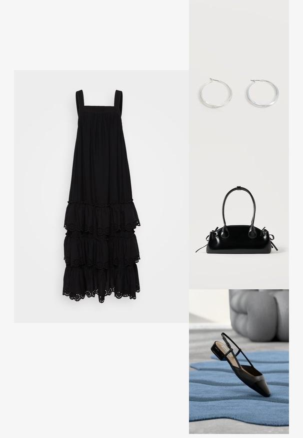 Schwarzes, ärmelloses Kleid mit rechteckigem Ausschnitt, gestuften Rüschen und Lochstickerei am Saum. Weicher Stoff.; Schwarzer Slingback-Schuh aus Lackleder mit niedrigem Blockabsatz, der auf einem strukturierten blauen wellenförmigen Teppich und grauen gepolsterten Möbeln ruht.; Kleine schwarze glänzende Handtasche mit zwei langen Griffen und seitlichen Kordelzug-Details vor einfachem hellem Hintergrund.; Silberne Metallcreolen mit glatter, leicht gebogener Oberfläche und Klappverschluss vor schlicht weißem Hintergrund.