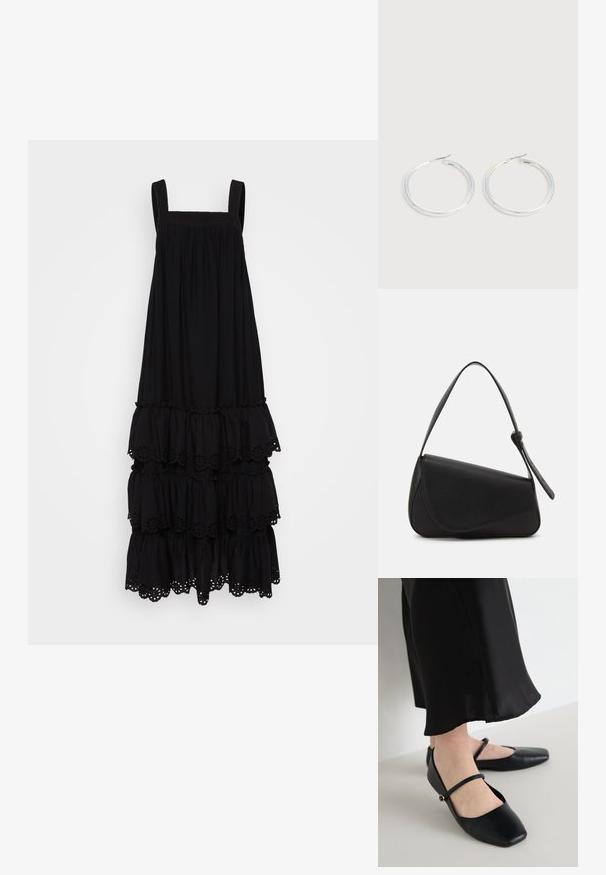 Schwarzes, ärmelloses Kleid mit rechteckigem Ausschnitt, gestuften Rüschen und Lochstickerei am Saum. Weicher Stoff.; Schwarze flache Schuhe mit einem quadratischen Zehendesign, aus glattem Leder hergestellt, mit einem einzelnen Riemen über dem Fuß und einem kleinen dekorativen Akzent.; Schwarze Lederhandtasche mit dreieckiger Form, schrägem Klappdeckel und rundem Oberhandgriff. Verfügt über eine glatte Textur und minimalistische Designdetails.; Paar glänzende silberne Creolen mit dünnen Drahtverschlüssen, dargestellt vor einem hellgrauen Hintergrund.