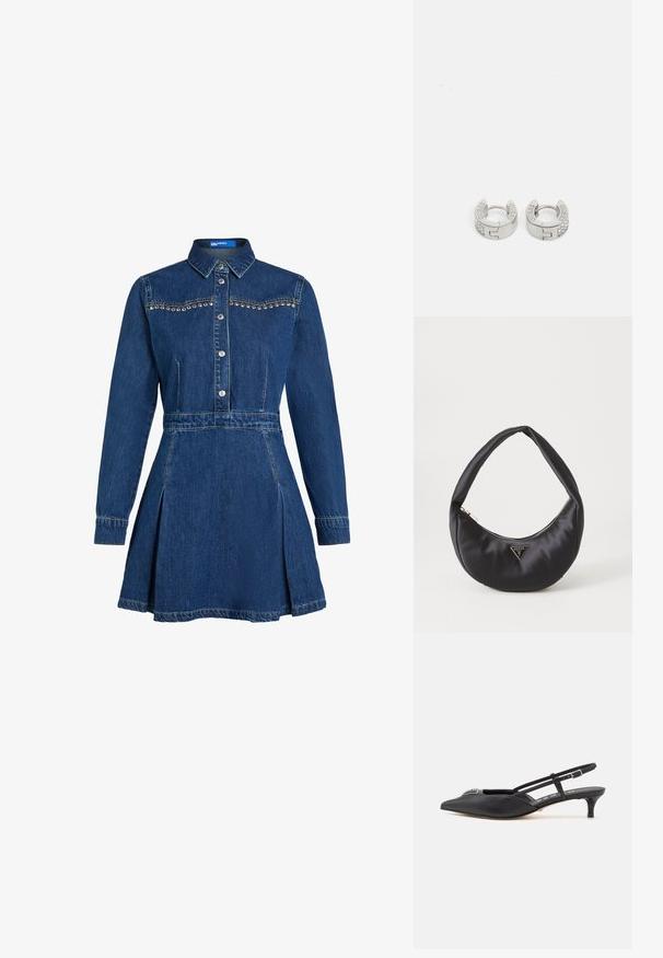 Tmavo modré denim šaty s golierom, patentkami a dekoračnými cvokmi. Majú dlhé rukávy a rozšírenú sukňu s plisovaním.; Čierne slingback topánky s ostrou špičkou, vyrobené z hladkého materiálu, so malým podpätkom a dekoratívnym strieborným akcentom na priehlavku.; Čierna saténová kabelka s zakriveným tvarom, so zipsovým uzáverom a trojuholníkovým kovovým logom na prednej strane. Hladká textura a elegantný dizajn.; Guess STYLISH - Náušnice - silver-coloured