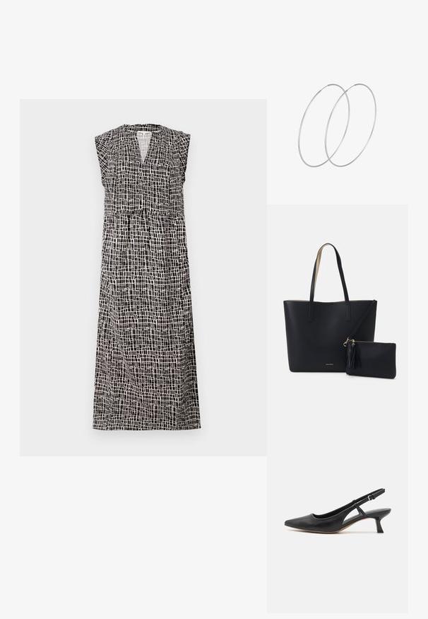 Mouwloze zwart-witte jurk met een ruitpatroon, v-hals en geplooide taille, gemaakt van lichtgewicht stof, enkel-lange stijl.; Zwarte leren slingback schoen met een puntige neus, lage blokhak, uitsnijdingen aan de zijkant en een verstelbare enkelband. Glad oppervlak overal.; Zwarte totebag van gestructureerd materiaal, met twee lange handvatten en een afneembare tas met rits voorzien van een franjesdetail. Gouden merklogo zichtbaar.; Zilveren hoepel oorbellen met een minimalistisch ontwerp. Cirkelvormig, gladde textuur en dun profiel. Lichtgewicht met een gepolijste afwerking.