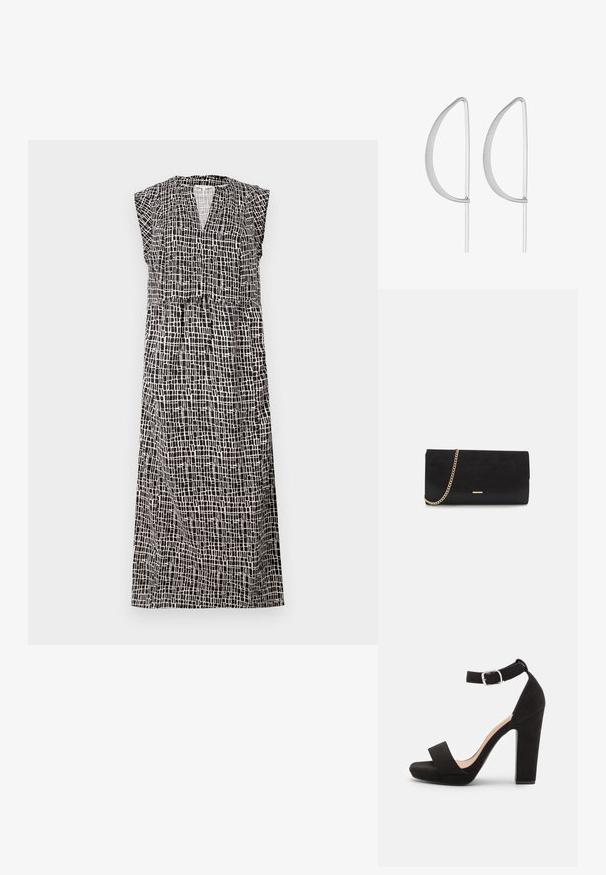 Mouwloze zwart-witte jurk met een ruitpatroon, v-hals en geplooide taille, gemaakt van lichtgewicht stof, enkel-lange stijl.; Anna Field by Zalando Sandalen - black; Zwarte clutch tas gemaakt van suede met een textuurafwerking, voorzien van een gouden schouderband en een strakke, hoekige vorm.; Zilveren metalen oorbellen met een minimalistisch gebogen ontwerp, met uitgerekte, open druppelvormen en een matte afwerking.