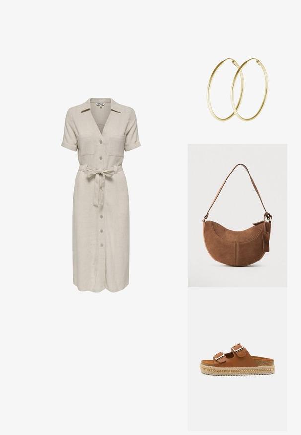 Beige linnen jurk met een kraaghalslijn, korte mouwen, twee borstzakken, een tailleband en een knoopsluiting aan de voorkant.; Bruine leren slippers met twee verstelbare banden en gouden gespen. Platformzool met een gevlochten textuur en kleine gouden accenten.; Bruine suède handtas met een gebogen, halve maanvorm. Voorzien van een schouderriem, een klein label en zichtbare stiksels langs de randen.; Gouden hoop oorringen met een glad, rond ontwerp en een glanzende afwerking. Lichtgewicht constructie met een stevige sluiting.