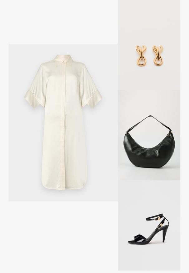 Ivory silk shirt dress with a classic collar, short wide sleeves, and a front button closure, featuring a smooth, glossy texture.; Mustat kiiltävät nahkakengät korkokengät, joissa on kaksoispohja ja kultaiset soljet, avonaiset varpaat ja kapea, kapeneva korko neutraalilla taustalla.; Musta nahkainen olkalaukku, jossa on kaareva muoto, pehmeä rakenne ja yksi olkahihna; varustettu kultaisella vetoketjulla ja hienovaraisella brändäyksellä.; Pari kiiltäviä kultasävyisiä silmukkarenkaita yksinkertaisella valkoisella taustalla, joissa on toisiinsa kietoutunut kiemurteleva muotoilu.