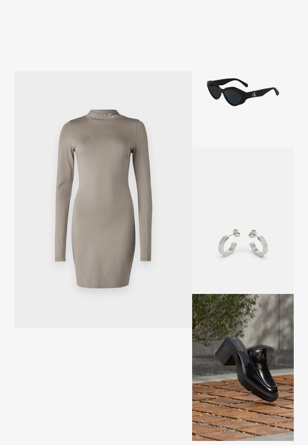 Dlhé rukávy béžových šiat s vysokým výstrihom vyrobené z mäkkého elastického materiálu. Má priliehavý strih a detail loga Calvin Klein pri golieri.; Čierne kožené šľapky Calvin Klein s blokovým podpätkom, ktoré oddychujú na drevených dlaždiciach vonku blízko zelenej rastliny a šedej steny.; Čierne slnečné okuliare v štýle mačacích očí s lesklým povrchom, tmavými sklami a logom "cK" na spánku. Ostrý dizajn a hrubé rámy.; Strieborné kovové náušnice v tvare kruhu s textúrovaným dizajnom, s malým zarážacím zapínaním a logom na jednom kruhu. Zaoblený tvar s lesklým povrchom.