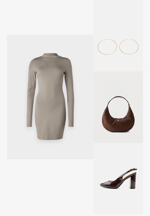 Pikad varrukad beež kleit kõrge kaelusega, valmistatud pehmest venivast kangast. Omab sobivat siluetti ja Calvin Kleini logo detaili kaela juures.; Läikiv tumepruun slingback kõrge kontsaga king, millel on pahkluu rihm, ümar pandla, terav nina ja plokk-kontsad.; Pruun poolkuukujuline nahast käekott punutud sangaga ja nüansirikka kolmnurkse metalllogo ees.; Kuldne rõngas kõrvarõngad, millel on sile ja ümar disain. Iga rõngas on õhuke ja kerge, ilma kaunistuste või mustriteta.