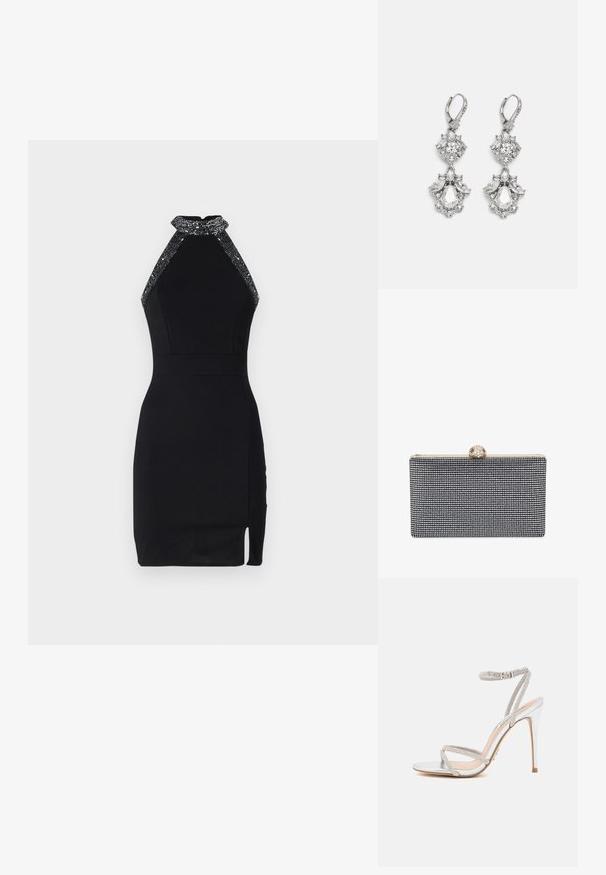 Vestido negro de corte halter con un diseño ajustado, escote adornado, abertura lateral y textura suave. Cuenta con un cierre trasero seguro.; Sándal de tacón alto plateado con tiras finas, adornado con strass, con un diseño elegante y una punta afilada.; Bolso de mano rectangular negro cubierto de pequeños cristales, con un cierre dorado con detalles decorativos en la parte superior.; Pendientes de tono plateado que presentan múltiples piedras de cristal transparente en formas de lágrima y marquesa, con cierres de palanca y un detallado intrincado.