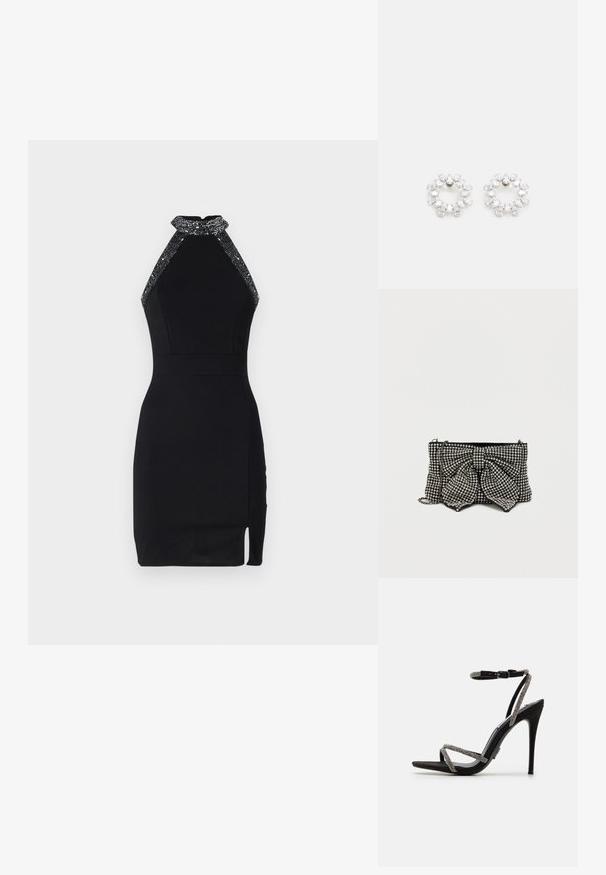 Vestido negro de corte halter con un diseño ajustado, escote adornado, abertura lateral y textura suave. Cuenta con un cierre trasero seguro.; Sandalia de tacón alto negra con delgadas tiras adornadas con joyas y un hebilla en el tobillo. Material de ante, punta abierta y una silueta elegante y afilada.; Bolso de mano negro con un gran lazo, adornado con tachuelas plateadas, con una correa de cadena y una superficie texturizada que capta la luz.; Pendientes circulares de metal, con múltiples piedras transparentes y facetadas dispuestas en un patrón brillante. Incoloras y reflectantes.