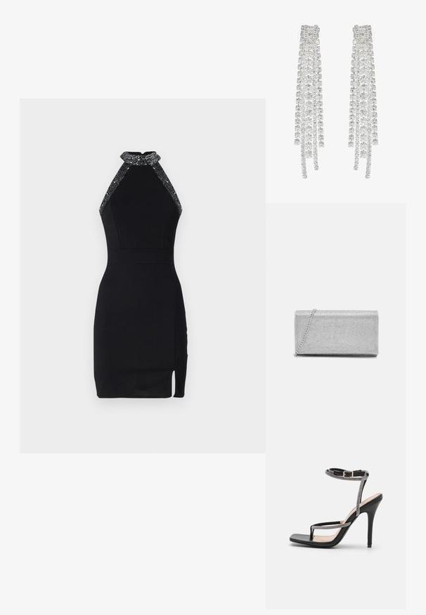 Vestido negro de corte halter con un diseño ajustado, escote adornado, abertura lateral y textura suave. Cuenta con un cierre trasero seguro.; RAID RORY - Sandalias de tacón - black; Bolso de mano metálico plateado con diseño de malla trenzada, forma rectangular y una cadena para llevar. Textura suave y acabado pulido.; Pendientes largos de plata que presentan una variedad de cristales transparentes facetados en cascadas con diferentes longitudes y formas.