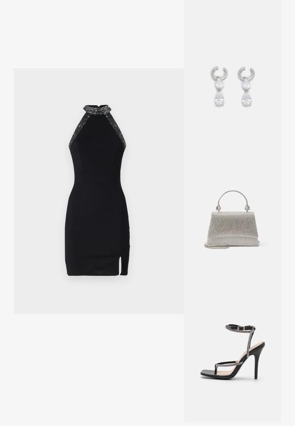 Vestido negro de corte halter con un diseño ajustado, escote adornado, abertura lateral y textura suave. Cuenta con un cierre trasero seguro.; RAID RORY - Sandalias de tacón - black; ALDO FELISIA - Bolso de mano - silver-coloured; Pendientes de plata con un diseño de aro texturizado, que presentan dos cristales en forma de lágrima transparente y un cristal cuadrado más pequeño en la parte inferior.