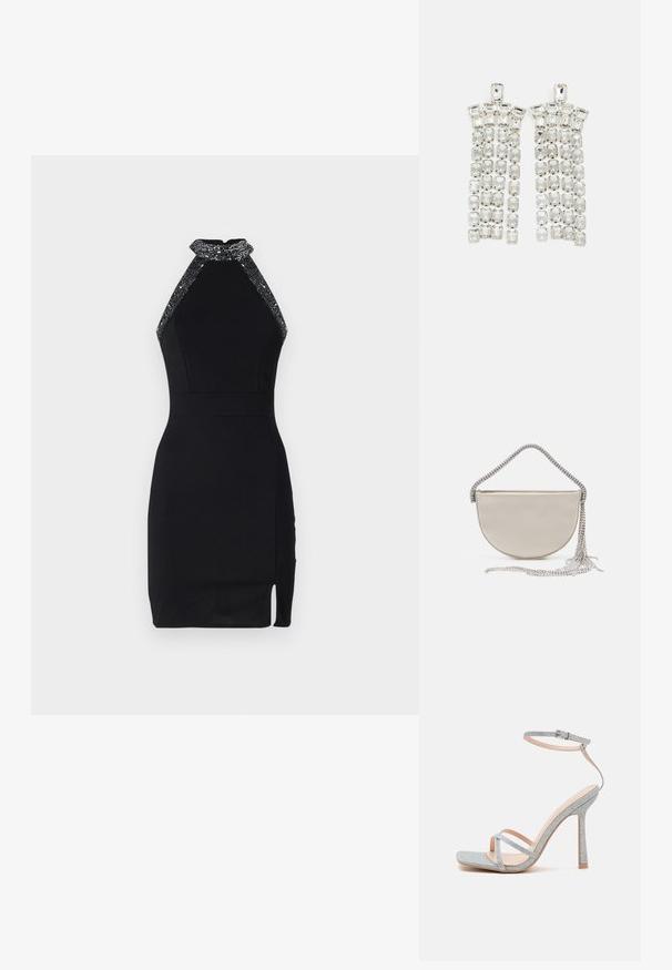 Vestido negro de corte halter con un diseño ajustado, escote adornado, abertura lateral y textura suave. Cuenta con un cierre trasero seguro.; RAID WILIA - Sandalias de tacón - silver; Bolso de mano en forma de media luna en satén beige con una cadena plateada brillante y detalle de flecos. Textura suave con diseño minimalista.; Pendientes de gota de cristal con un acabado en tono plateado, adornados con múltiples piedras recortadas en forma rectangular y cuadrada dispuestas en filas en cascada.