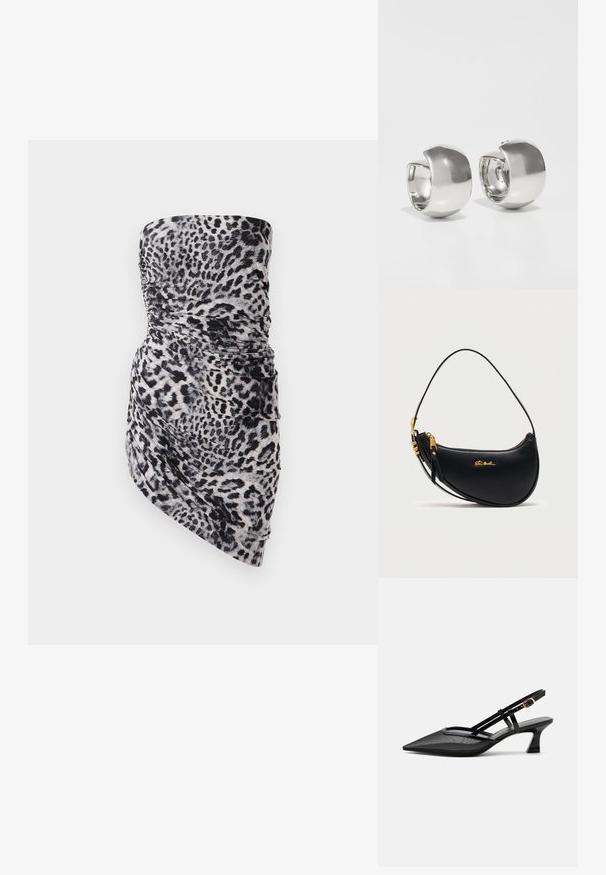 Stropfri minikjole i let, rynket stof med sort og grå leopardprint, med en draperet detalje i siden.; Sort spids tå slingback-sko med mesh-øverdel, tynde stropper, guldlås og lav buet hæl på hvid baggrund.; Sort halvmåneformet læderhåndtaske med gyldent lynlås, justerbar rem og lille gyldent "Steve Madden"-logo på forsiden.; Uncommon Matters SCULPTURAL LARGE CREOLE - Øreringe - silver-coloured