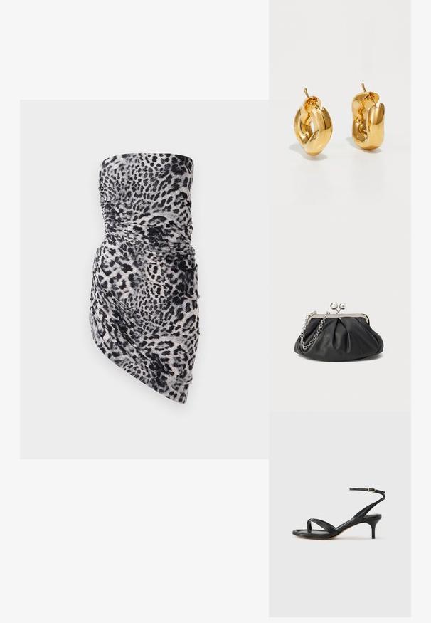 Stropfri minikjole i let, rynket stof med sort og grå leopardprint, med en draperet detalje i siden.; Sort damesandal i læder med tynde remme, en tå-loop, ankelspænde og en mellemhøj stiletthæl på en neutral baggrund.; Sort læder clutch med samlet tekstur, sølvfarvet metalramme, kys-lås lukning og kædestrop. Glat, blød overflade.; Chunky guld hoop øreringe med et let snoet, rørformet design og postsystem bagpå, på en hvid baggrund.