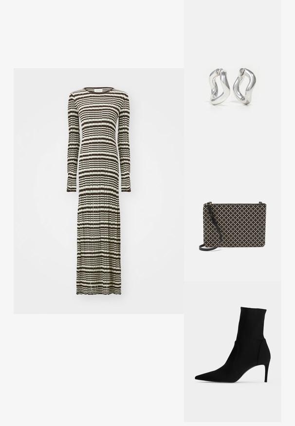 Langes Kleid mit langen Ärmeln, das ein gestreiftes Muster in Dunkelbraun und Creme aufweist. Hergestellt aus einem strukturierten, plissierten Stoff.; Schwarzer Ankle-Boot mit spitzer Kappe und schlankem, hohem Absatz, im Profil auf hellem Hintergrund gezeigt. Schlankes, minimalistisches Design.; Schwarz- und beige gemusterte Handtasche in rechteckiger Form mit einem Kreuzschraffurdesign, einem Reißverschluss und einem abnehmbaren schwarzen Tragegurt.; Silberne Creolen mit gedrehtem Design. Abgerundete Kanten und glänzende Oberfläche. Offen schließende Verschlüsse für einfaches An- und Ausziehen. Glatte Textur durchgehend.