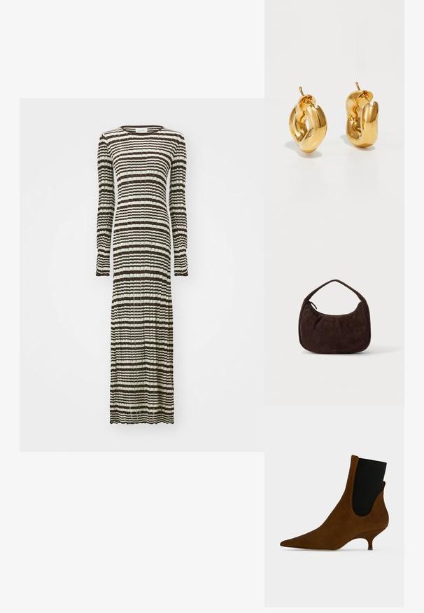 Langes Kleid mit langen Ärmeln, das ein gestreiftes Muster in Dunkelbraun und Creme aufweist. Hergestellt aus einem strukturierten, plissierten Stoff.; Brauner Wildleder-Stiefelette mit spitzer Schuhspitze, schwarzem elastischem Seitenteil und niedrigem Kittenheel auf schlichtem hellem Hintergrund.; Dunkelbraune Wildlederhandtasche mit kurzem Riemen und abgerundeter rechteckiger Form auf einem einfarbigen hellen Hintergrund.; Fette goldene Creolen mit einem leicht verdrehten, röhrenförmigen Design und Steckverschlüssen auf einem weißen Hintergrund.