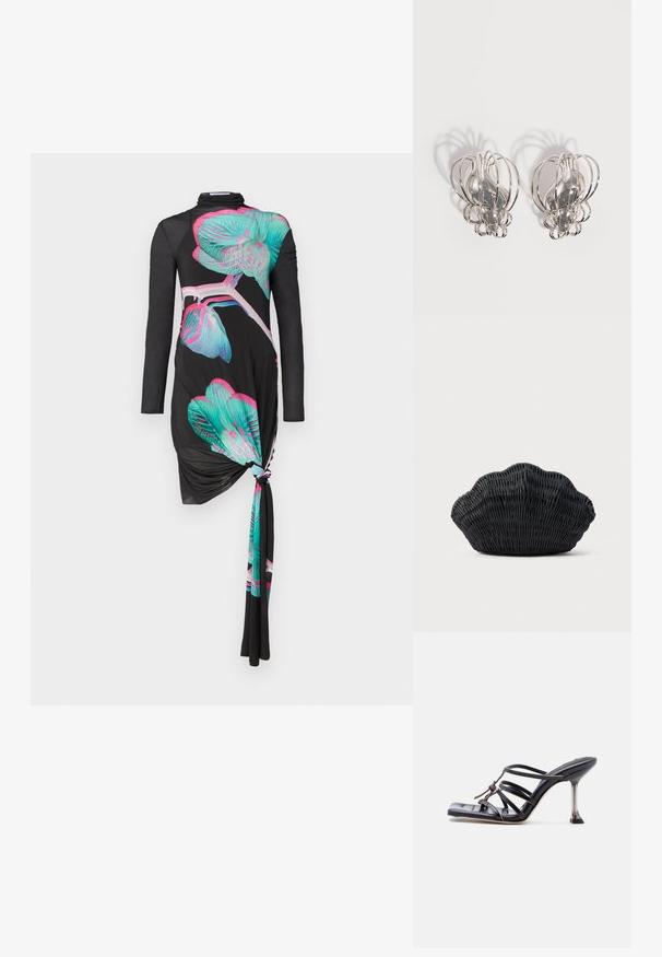 Zwarte lange mouw jurk met een knoopdetail aan de zijkant, versierd met kleurrijke orchideeënpatronen in turquoise en roze, met een gladde textuur.; Zwarte sandaal met hoge hak en bandjes, met een vierkante neus en een dunne naaldhak, voorzien van overlappende bandjes en een knoopdetail op het bovenwerk.; Zwarte gevlochten handtas in de vorm van een sint-jakobsschelp met een gebogen bovenkant en een geweven textuur op een effen achtergrond.; Een paar zilveren metalen oorbellen met een open draadkooi-ontwerp en gladde centrale ovale vormen die gebogen schaduwen werpen op een witte achtergrond.