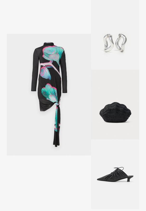 Sort langærmet kjole med en knude detalje på den ene side, prydet med flerfarvede orkidé mønstre i turkis og pink, glat tekstur.; Sorte læder slip-on mules med spids tå, samlet tekstur og en lille kitten heel. Har en snor-detalje ved åbningen.; Sort flet håndtaske formet som en muslingeskal med en buet top og flettet tekstur på en ensfarvet baggrund.; Sølv øreringe i hoop-design med snoet mønster. Runde kanter og blank finish. Åbne lukninger for nem brug. Glat tekstur over det hele.