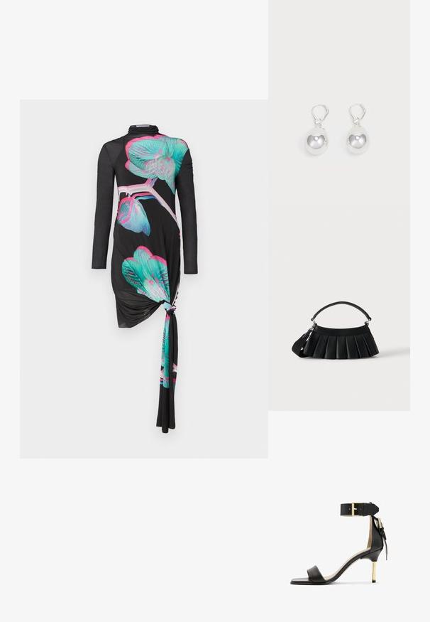 Zwarte lange mouw jurk met een knoopdetail aan de zijkant, versierd met kleurrijke orchideeënpatronen in turquoise en roze, met een gladde textuur.; Zwarte leren sandalen met hak en vierkante neus, enkelband met een gouden gesp en een slanke metalen hak. Soepele textuur, minimalistisch ontwerp.; Zwarte geplooide handtas met een korte handgreep en een aangehechte bredere verstelbare band, weergegeven op een effen lichte achtergrond.; Zilveren druppeloorbellen met gladde, ronde, reflecterende oppervlakken die hangen aan klapring-sluitingen. Achtergrond is puur wit.