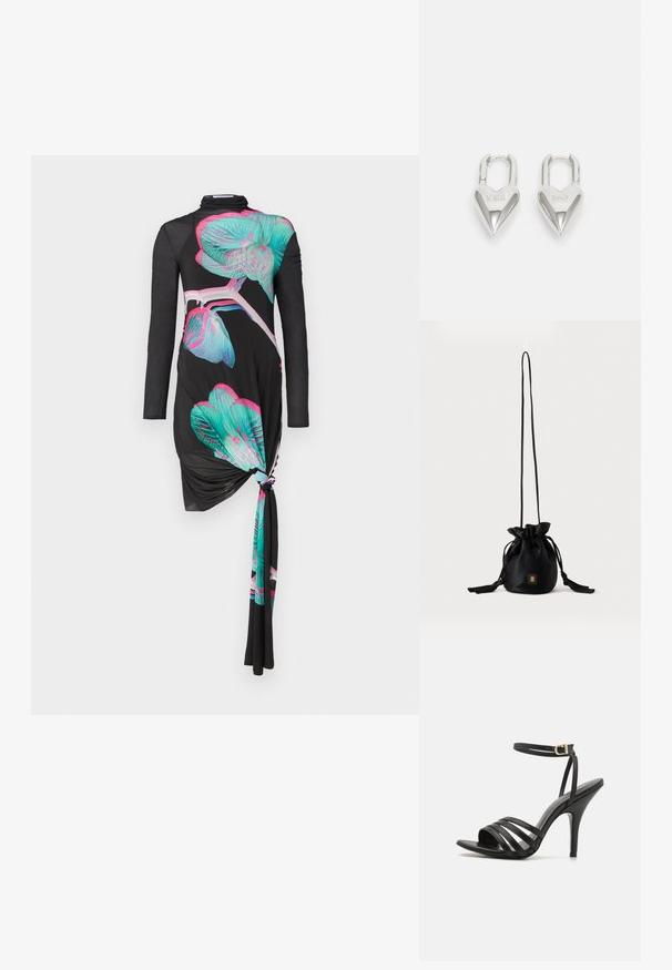 Sort langærmet kjole med en knude detalje på den ene side, prydet med flerfarvede orkidé mønstre i turkis og pink, glat tekstur.; Sort stiletto sandal med remme, en slank ankelrem, åben tå og en glat finish. Har en slank hæl og et tekstureret remdesign.; Sort snørelukket bucket-taske med lang tynd rem og lille gyldent firkantet logo foran, vist mod en ensfarvet baggrund.; Sølv hjerteformede hængelåse med indgraveret "JA" og "NEJ" tekst, poleret finish, symmetrisk design og en robust metalklap.