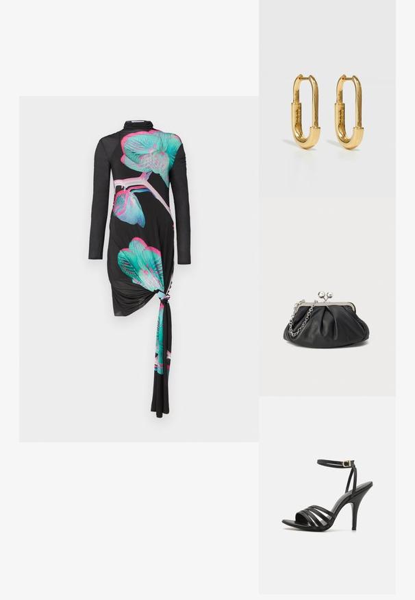 Robe noire à manches longues avec un détail de nœud sur un côté, ornée de motifs d'orchidées multicolores en turquoise et rose, au toucher lisse.; Sandales à talons hauts noires avec des lanières, une fine sangle à la cheville, un bout ouvert et une finition lisse. Présente un talon élancé et un design de lanières texturées.; Porte-monnaie en cuir noir avec texture froncée, cadre en métal argenté, fermeture à verrouillage kiss-lock et bandoulière en chaîne. Surface lisse et douce.; Boucles d'oreilles en métal doré en forme d'ovale allongé, avec une surface lisse et polie et un petit charnière pour l'attache.