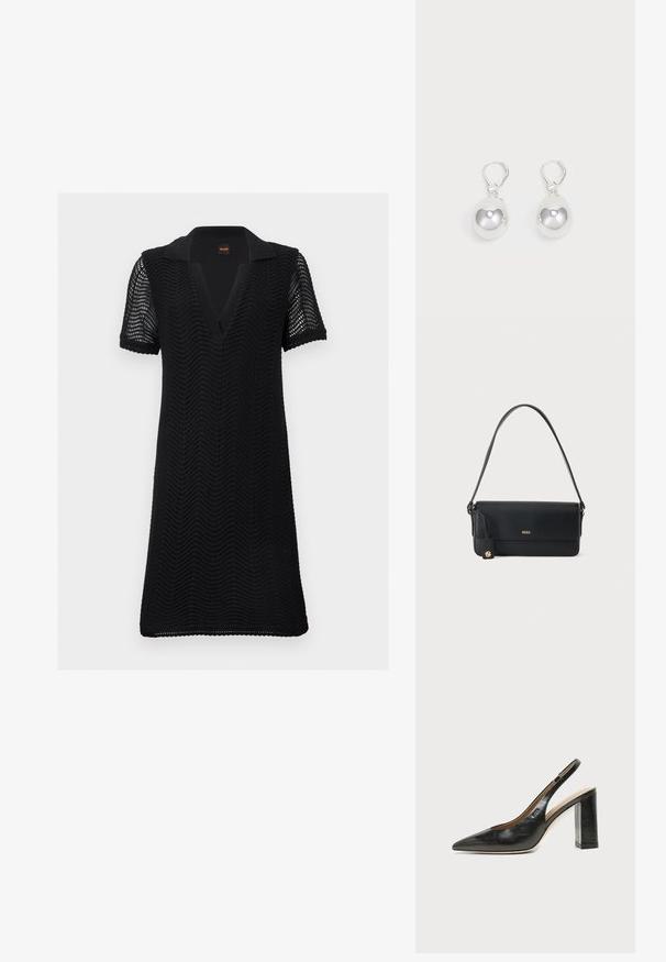 Robe noire à manches courtes avec motif en vagues texturé, col en V ouvert et tissu tricoté semi-transparent sur les manches et le corps.; Chaussure slingback en cuir noir à bout pointu avec un talon bloc haut et une doublure intérieure beige sur un fond clair uni.; Sac à épaule en cuir noir avec logo doré "BOSS" sur le devant et un petit emblème doré suspendu à la sangle latérale.; Boucles d'oreilles en argent en forme de goutte avec des surfaces lisses, rondes et réfléchissantes, suspendues à des fermoirs à ressort. L'arrière-plan est blanc uni.