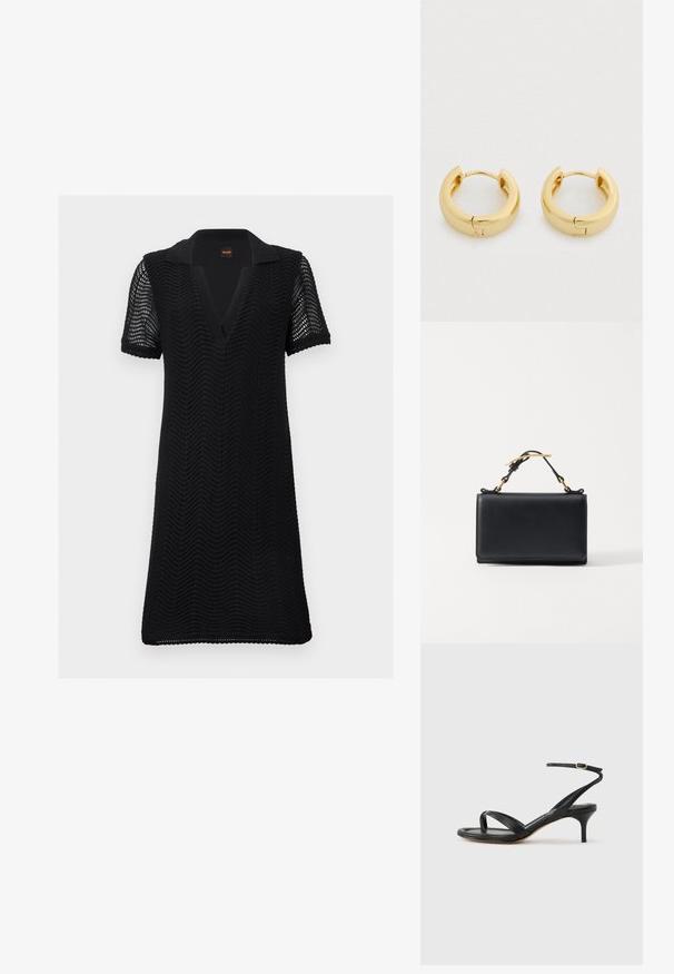 Robe noire à manches courtes avec motif en vagues texturé, col en V ouvert et tissu tricoté semi-transparent sur les manches et le corps.; Sandale pour femme en cuir noir avec fines lanières, une boucle d'orteil, une boucle à la cheville et un talon aiguille de hauteur moyenne sur un fond neutre.; Sac à main en cuir noir de forme rectangulaire, doté d'une anse supérieure et d'accents en métal doré. Texture lisse, design minimaliste.; Boucles d'oreilles créoles en or avec une finition lisse et polie, une forme circulaire et une fermeture à charnière. Le design est contemporain et minimaliste.