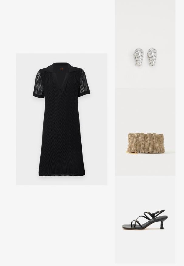 Robe noire à manches courtes avec motif en vagues texturé, col en V ouvert et tissu tricoté semi-transparent sur les manches et le corps.; Sandales à strapes en cuir verni noir avec un bout carré et un petit talon carré. Présente des accessoires en métal doré et des brides de cheville réglables.; Petit sac pochette en maille dorée avec un design froncé et une bandoulière chaîne dorée partiellement visible sur un fond blanc uni.; Boucles d'oreilles en clip argentées avec un design en spirale, présentant une texture métallique lisse et des formes arrondies. Pas d'embellissements ou de motifs visibles.