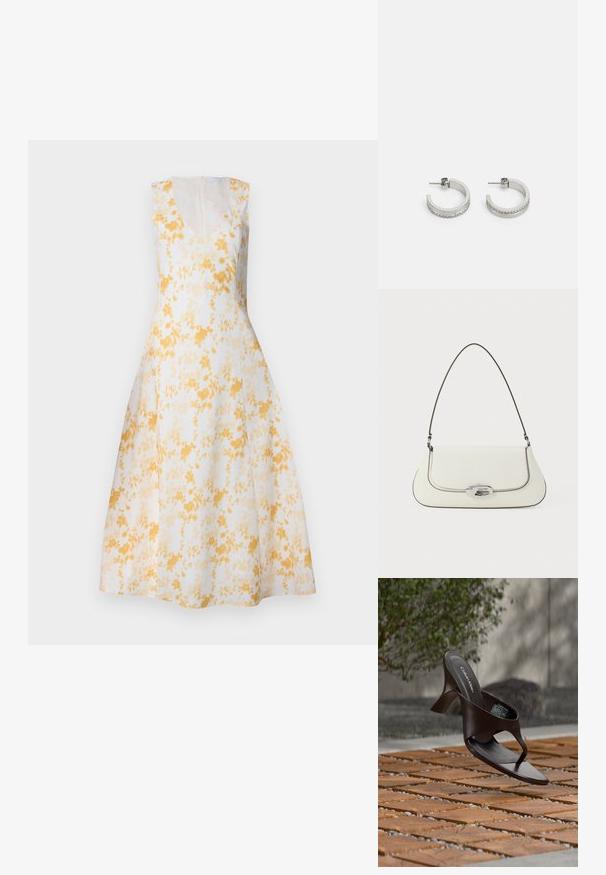 Robe sans manches en V blanche avec un motif floral jaune. Forme évasée, longueur genou, avec une fermeture éclair dissimulée à l'arrière et une texture lisse.; Sandale à talon marron Calvin Klein suspendue au-dessus d'un sol extérieur en dalles de bois et gravier avec un arrière-plan flou de verdure et de pierres.; Sac à main en cuir blanc avec un design courbé, des coutures noires contrastantes, et un fermoir en métal argenté arborant le logo Calvin Klein.; Boucles d'oreilles en argent en forme de créoles présentant une surface lisse et une rangée de petites pierres claires le long du bord inférieur, avec une fermeture à tige.