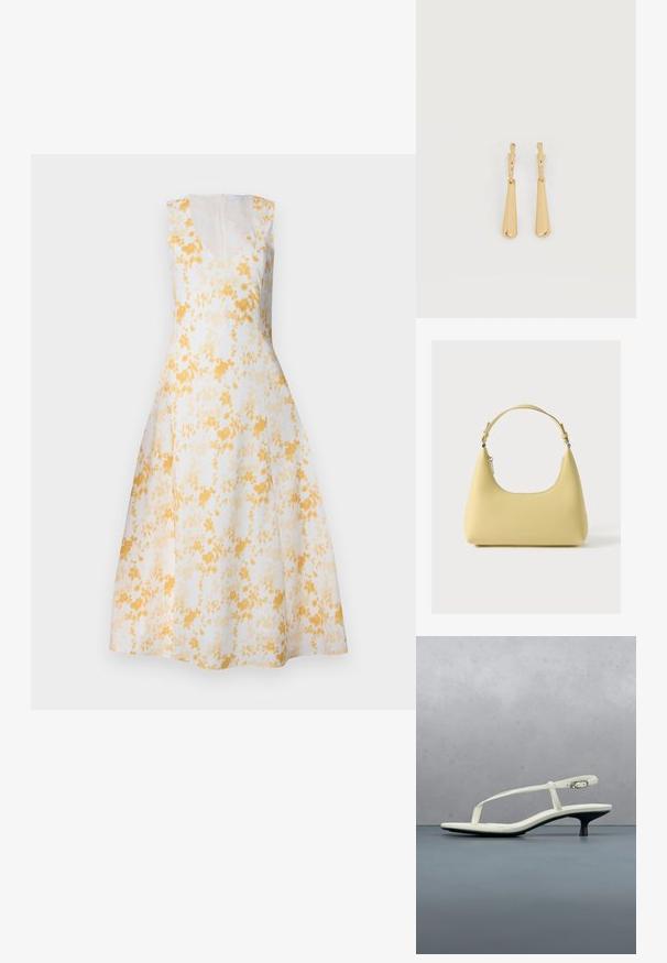Robe sans manches en V blanche avec un motif floral jaune. Forme évasée, longueur genou, avec une fermeture éclair dissimulée à l'arrière et une texture lisse.; Sandale blanche à talon kitten avec des lanières et un bout pointu, flottant au-dessus d'un sol en carrelage en bois en plein air avec un arrière-plan flou de plante et de mur.; Sac à main en cuir jaune avec une silhouette incurvée, une bandoulière courte réglable et un compartiment zippé. Présente un logo subtil à l'avant.; Boucles d'oreilles pendantes en ton or avec des pendentifs lisses en forme de goutte allongée suspendus à de petites attaches en forme d'anneau sur un fond blanc.