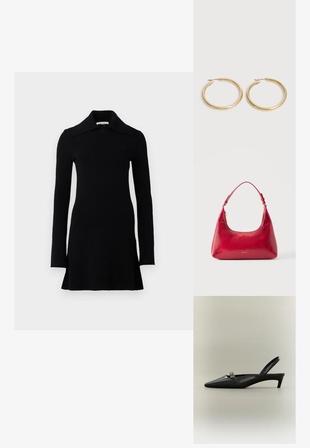 Zwarte lange mouw mini-jurk met een brede kraag, aansluitende taille en licht uitlopende zoom, weergegeven op een witte achtergrond.; Zwarte lederen slingback kitten heel met puntige neus en klein gouden gespsluiting op een effen achtergrond.; Rode leren schoudertas met gouden rits en verstelbare band, Calvin Klein-logo gecentreerd aan de voorkant.; Een paar gladde, glanzende gouden creooloorbellen met dunne pennen en scharnierende sluitingen op een eenvoudige lichte achtergrond.