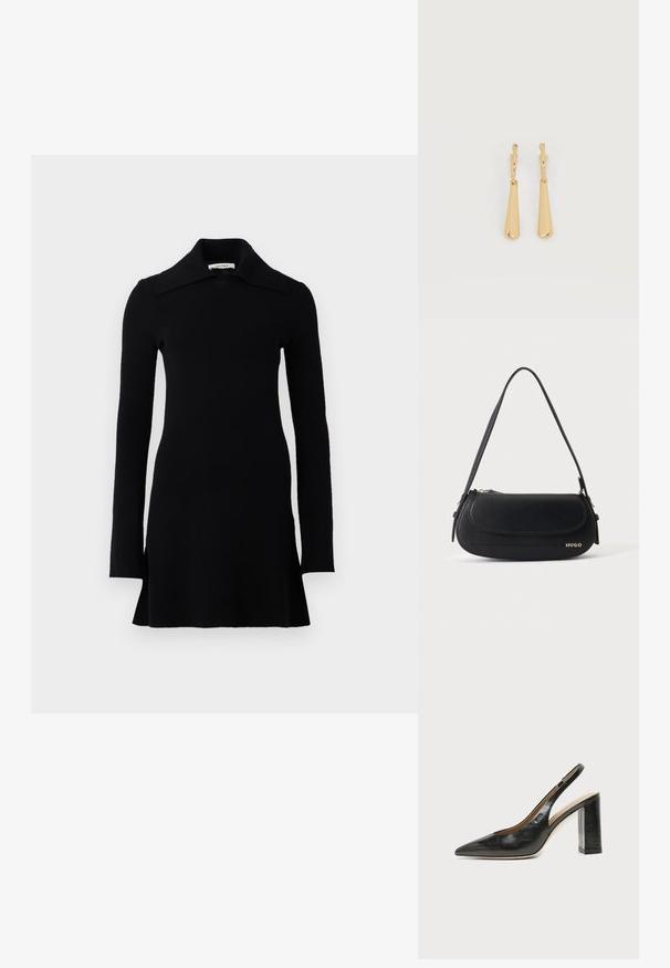 Sort langærmet mini kjole med bred krave, tætsiddende talje og let udvidet kant, præsenteret på en hvid baggrund.; Sort læder peep-toe slingback sko med høj blokhæl og beige indvendig foring mod en ensfarvet lys baggrund.; Sort skuldertaske i læder med buet klap, guld "HUGO" logo på forsiden og enkelt justerbar strop.; Øreringe i guldfarvet metal med glatte, aflangt dråbeformede vedhæng, der hænger fra små creol-låse på en hvid baggrund.