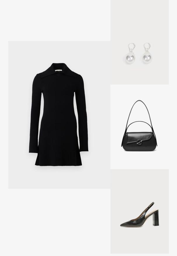 Zwarte lange mouw mini-jurk met een brede kraag, aansluitende taille en licht uitlopende zoom, weergegeven op een witte achtergrond.; Zwarte leren slingback schoen met spits toelopend neusje, hoge blokhak en beige binnenvoering tegen een effen lichte achtergrond.; Zwarte leren schoudertas met een gebogen klep die is bevestigd met een ronde metalen sluiting en een smalle, verstelbare band.; Zilveren druppeloorbellen met gladde, ronde, reflecterende oppervlakken die hangen aan klapring-sluitingen. Achtergrond is puur wit.