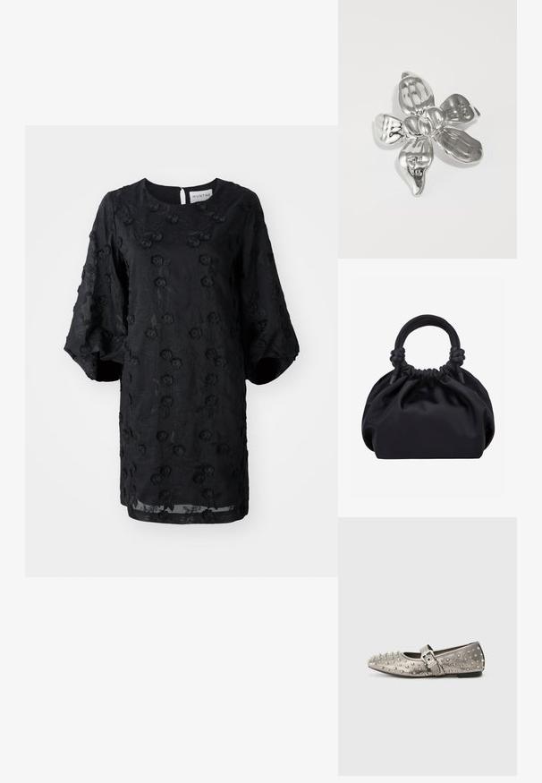 Zwarte jurk met een gemêleerd bloemborduursel, ronde halslijn en korte pofmouwen. Lichtgewicht stof met een knielange snit.; Grijze vlakke schoenen met ronde neus, versierd met metalen studs, en een zijband met een zilveren buckle detail. Glad textuur.; Zwarte zachte stoffen handtas met geplooide bovenkant en ronde gewatteerde handvatten, vastgeknoopt aan elke kant.; Zilveren bloemenbroche met afgeronde bloembladen, variërende texturen en een gepolijste afwerking. Heeft een cluster van knoppen in het midden die het licht weerkaatsen.