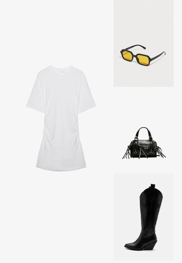 Robe T-shirt blanche à manches courtes froncées, col rond avec un tissu doux sur un fond blanc uni.; Botte de cowboy en cuir noir avec bout pointu, talon bloc incliné, couture décorative et languettes en haut sur fond blanc.; Lunettes de soleil rectangulaires noires avec des verres jaunes. Les caractéristiques incluent des montures épaisses et un design anguleux avec une finition lisse et brillante.; Sac à main en cuir noir avec poignées tressées, surface texturée, poche frontale zippée et accents de franges décoratives. Forme compacte et structurée.