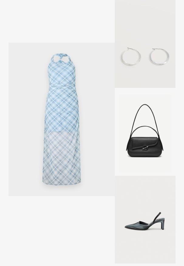 Robe halter bleu clair avec un motif à carreaux, dotée d'un corsage ajusté et d'une jupe fluide et transparente. Le matériau semble léger et lisse.; Escarpin noir à bride arrière avec un bout pointu, une finition satinée élégante et un talon fin de 7,5 cm. Design latéral ouvert avec des détails de couture minimalistes.; Sac à main en cuir noir avec bords arrondis, rabat asymétrique, fermoir circulaire en métal, et des bandoulières courtes et longues.; Boucles d’oreilles créoles en métal argenté avec une surface lisse légèrement incurvée et des fermoirs à clapet sur un fond blanc uni.