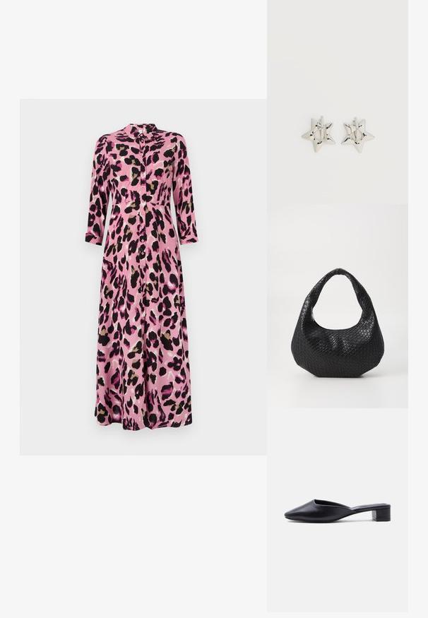 Vestido midi rosa con estampado de leopardo negro y marrón, que presenta un cierre de botones en la parte delantera, cuello y mangas tres cuartos. Textura suave similar a la satén.; Zapato mule de cuero negro sin cordones con punta puntiaguda y tacón bajo y cuadrado, mostrado de perfil sobre un fondo liso.; Bolso de mano tejido en negro con un asa curvada, que presenta una superficie texturizada y una forma holgada. Acabado suave con una silueta orgánica.; Pendientes de aro plateados en forma de estrella con un acabado liso y pulido sobre un fondo blanco liso.