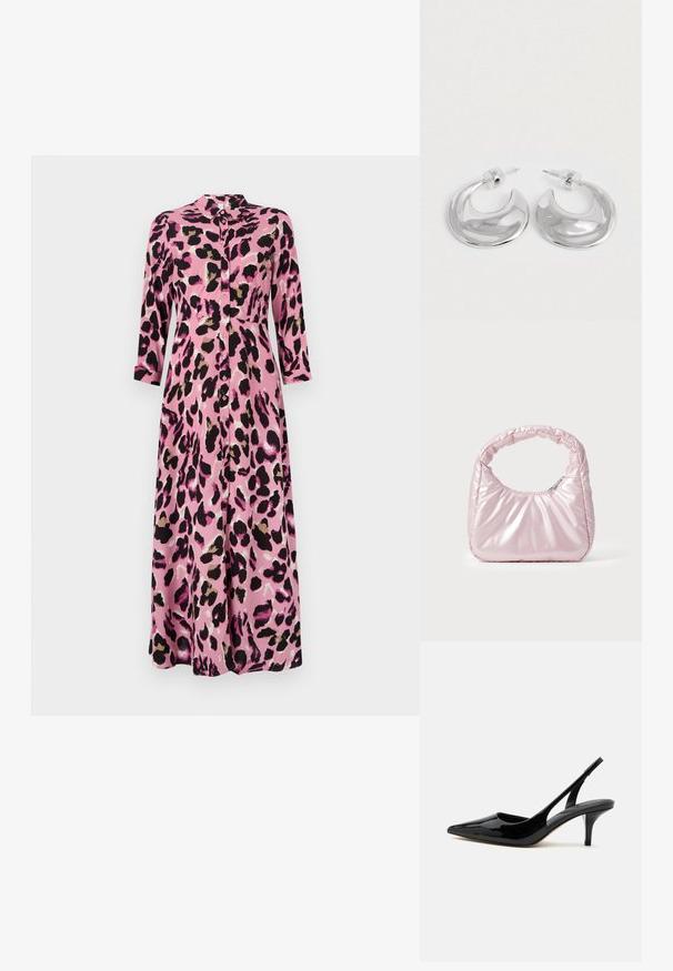 Vestido midi rosa con estampado de leopardo negro y marrón, que presenta un cierre de botones en la parte delantera, cuello y mangas tres cuartos. Textura suave similar a la satén.; Zapato slingback de charol negro con tacón kitten, punta afilada y tacón bajo y delgado sobre fondo blanco.; Bolso de mano acolchado en color rosa con un diseño redondeado, fabricado en material brillante. Presenta un asa fruncida y un cierre de cremallera para un acceso seguro.; Un par de pendientes de aro en forma de media luna pulidos en plata, con respaldos de plástico transparente, sobre una superficie blanca.