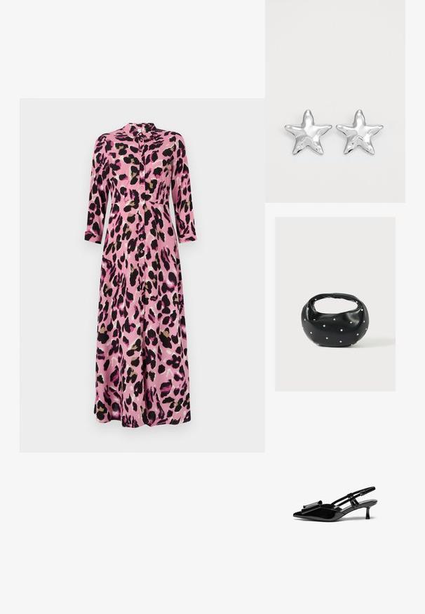 Rosa Midi-Kleid mit schwarzem und braunem Leopardenmuster, ausgestattet mit einer Knopfleiste, Kragen und drei Viertelärmeln. Glatte, satinähnliche Textur.; Schwarze Lackleder-Slingbacks mit spitzer Zehenpartie, einer Schleifendetail an der Vorderseite und einem kleinen Stiletto-Absatz. Die Riemen haben verstellbare Schnallen.; Schwarze Lederhandtasche mit abgerundeter Form, verziert mit silbernen Nietenakzenten und kurzem Griff. Glatte Struktur und Reißverschlussverschluss.; Silberne sternförmige Ohrringe mit einer polierten, glänzenden Oberfläche. Jeder Ohrring hat fünf Spitzen und dezente Oberflächentexturdetails.