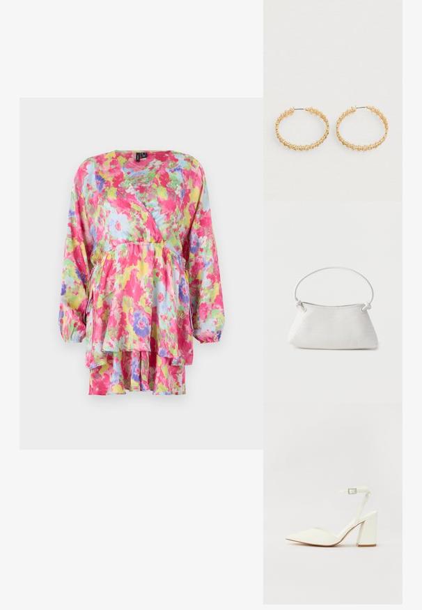 Blumenwickelbluse in Pink, Gelb und Blau, mit langen Ärmeln, einem gerafften Taillengürtel und einem mehrlagigen Peplum-Design. Leichter, strukturierter Stoff.; Weißer sandal mit Absatz und spitzem Zehenbereich, verstellbarem Knöchelriemen und chunky quadratischem Absatz. Glatte Textur mit minimalen Nähdetails.; Weiße gewebte Lederhandtasche mit abgerundetem Griff und verknoteten Riemenenden, vor schlichtem Hintergrund präsentiert.; Goldene Creolen mit einem strukturierten Design und kleinen, runden Perlen entlang der äußeren Kante. Leicht und mit sicherem Verschluss.