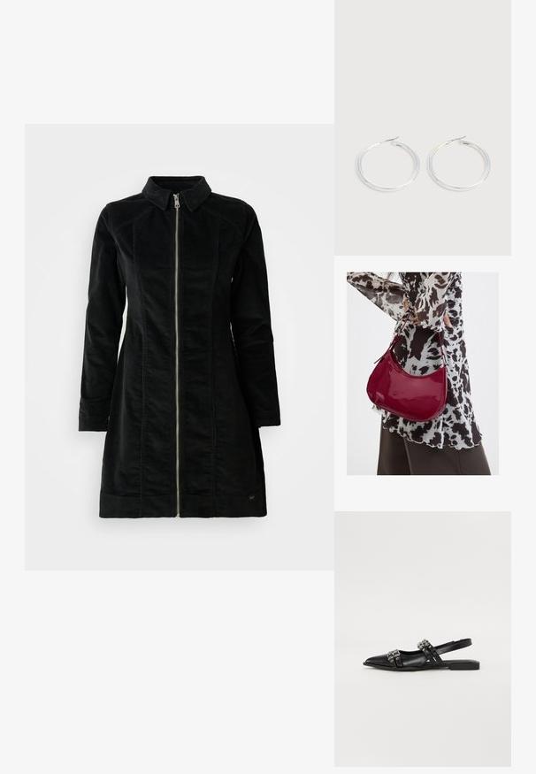 Zwarte corduroy jas, met een hoge kraag, lange mouwen en een rits aan de voorkant, met een rechte snit en minimalistisch ontwerp.; Even&Odd by Zalando Slingback ballerina´s - black; Vrouw met een zwart-wit gebloemde blouse houdt een glanzende rode schoudertas vast tegen een effen achtergrond.; Een paar glanzende zilveren oorringen met dunne draadafsluitingen, getoond op een lichtgrijze achtergrond.
