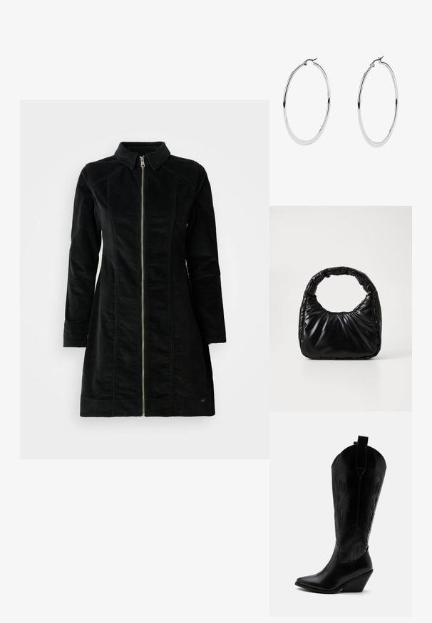 Schwarze Cordjacke mit hohem Kragen, langen Ärmeln und einem Frontreißverschluss, gerader Schnitt und minimalistisches Design.; Schwarzer Leder-Cowboystiefel mit spitzer Zehe, schrägem Blockabsatz, dekorativer Naht und Zuglaschen oben vor weißem Hintergrund.; Schwarze gepolsterte Handtasche mit einem runden Griff, die eine glatte, glänzende Oberfläche und eine weiche, gestepfte Textur aufweist. Keine sichtbare Hardware oder Akzente.; Große Silberohrringe mit polierter Metalloberfläche, die ein glattes, kreisförmiges Design und einen sicheren Klappverschluss aufweisen.