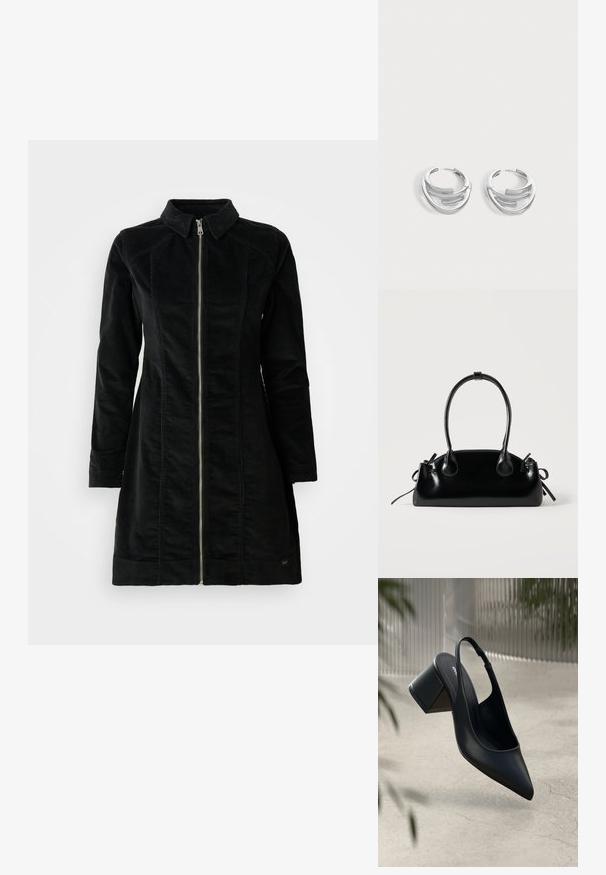 Schwarze Cordjacke mit hohem Kragen, langen Ärmeln und einem Frontreißverschluss, gerader Schnitt und minimalistisches Design.; Schwarze Leder-Slingback-Pumps mit spitzem Zehenbereich und Blockabsatz. Glatte Textur, minimalistisches Design und verstellbarer Knöchelriemen.; Kleine schwarze glänzende Handtasche mit zwei langen Griffen und seitlichen Kordelzug-Details vor einfachem hellem Hintergrund.; Paar polierte silberne Creolen mit geschichtetem, gebogenem Stabdesign auf einem einfarbigen hellen Hintergrund.