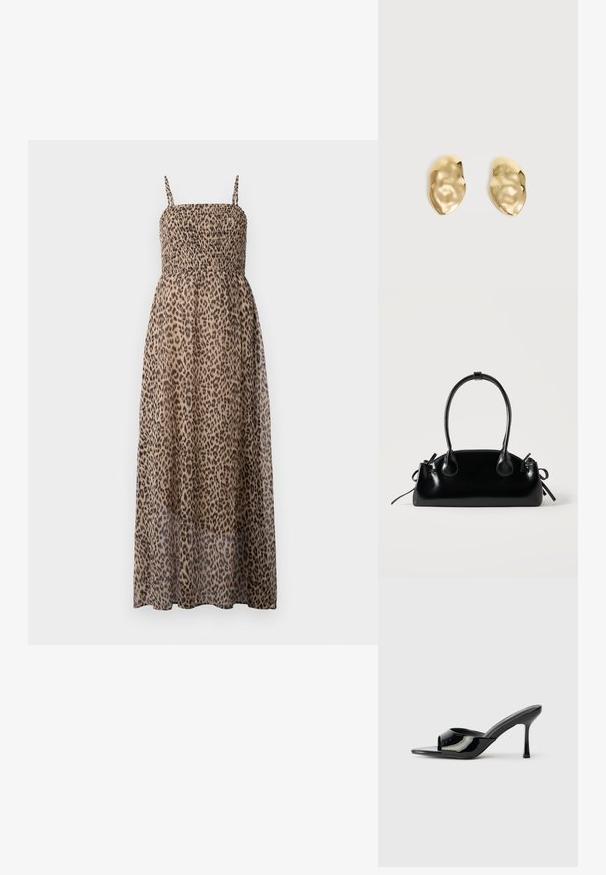 Vestido maxi de estampado de leopardo con un corsé fruncido, tirantes finos y tejido transparente. Presenta un diseño ligero y fluido.; Mules de charol negro con punta abierta, una tira estrecha y tacón stilettos. Textura suave y diseño minimalista con suela plana.; Pequeño bolso negro brillante con dos asas largas y detalles de cordón lateral sobre un fondo claro liso.; Par de pendientes de metal dorado brillante, con forma irregular y superficie arrugada y lisa sobre un fondo claro y sencillo.